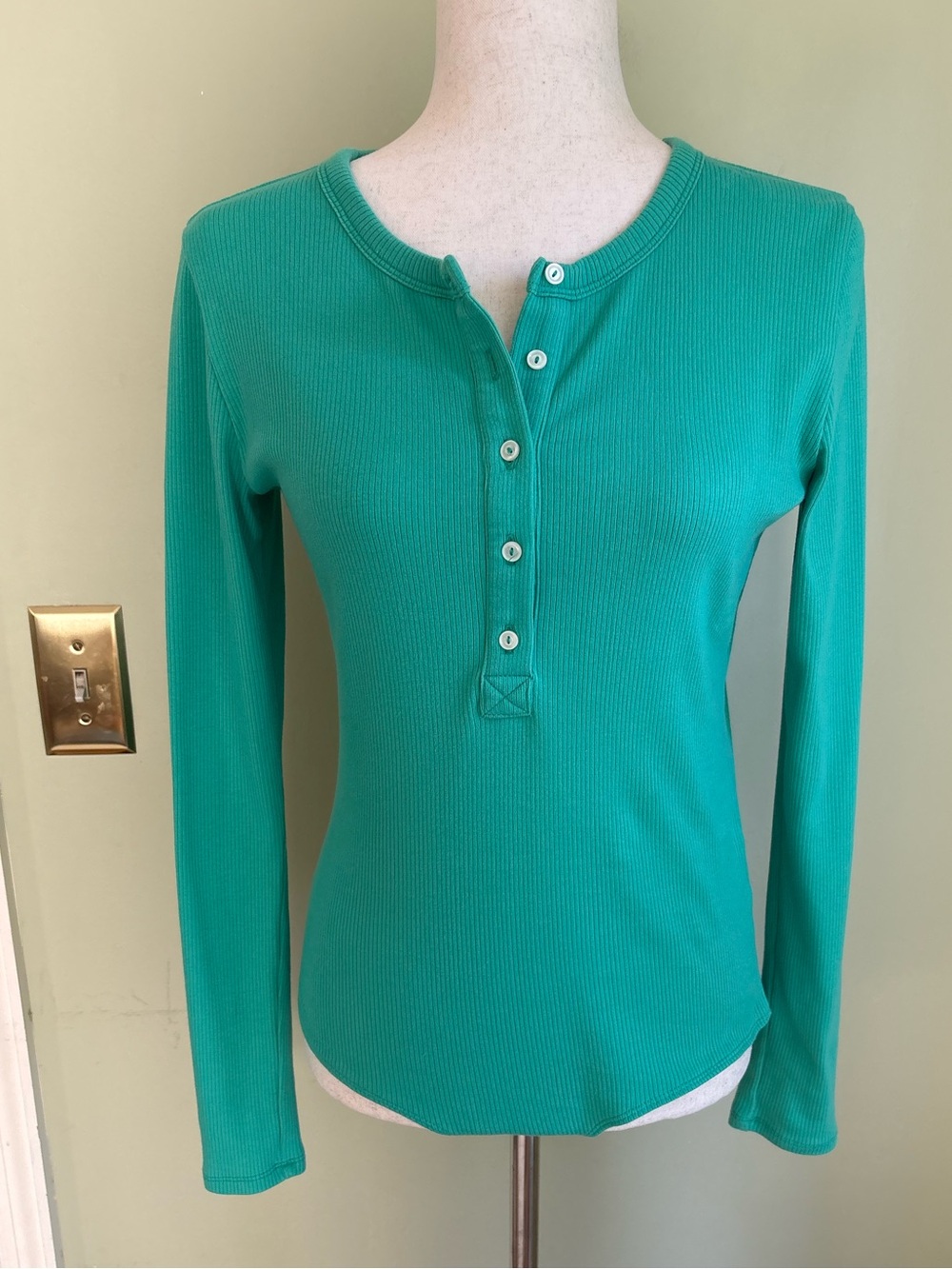 J. Crew Green Ribbed Henley Long-Sleeve Bodysuit. Size M. Nice shape, light wear